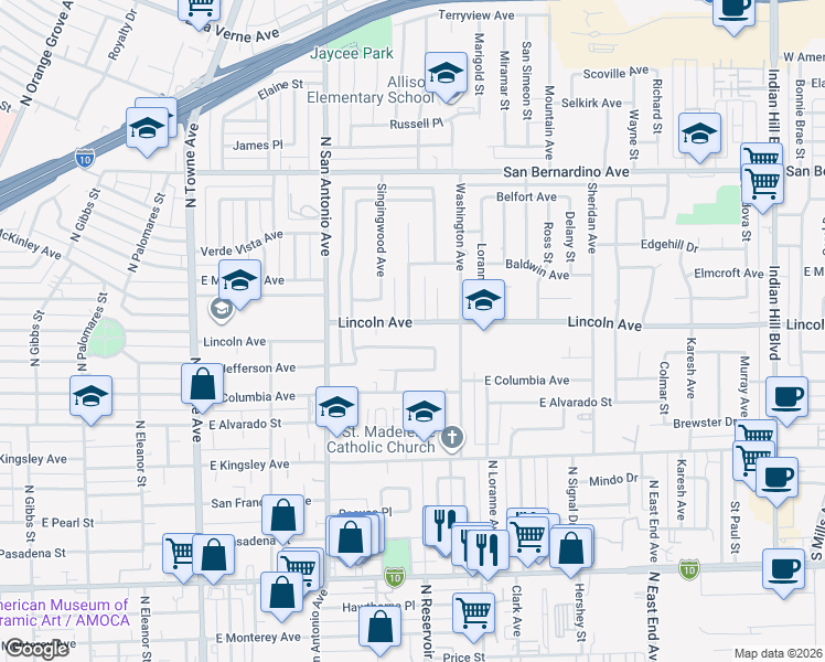 map of restaurants, bars, coffee shops, grocery stores, and more near 928 Lincoln Avenue in Pomona