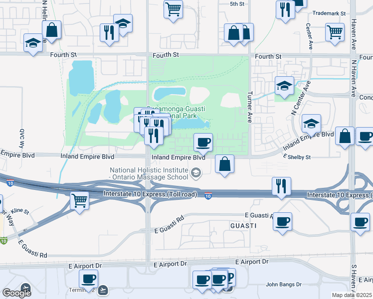 map of restaurants, bars, coffee shops, grocery stores, and more near 2868 East Via Fiano in Ontario