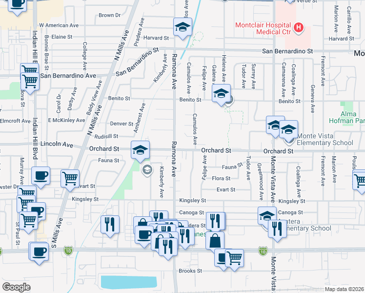 map of restaurants, bars, coffee shops, grocery stores, and more near 4530 Orchard Street in Montclair