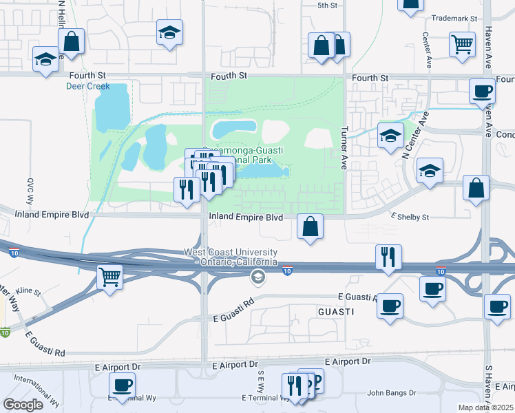 map of restaurants, bars, coffee shops, grocery stores, and more near 2868 East Via Fiano in Ontario