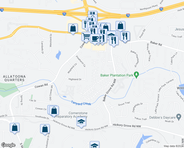 map of restaurants, bars, coffee shops, grocery stores, and more near 182 Windcroft Lane Northwest in Acworth