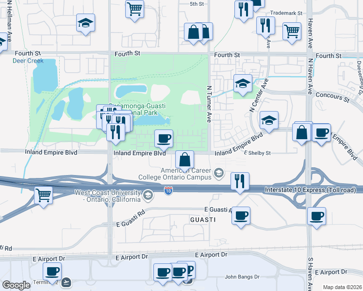 map of restaurants, bars, coffee shops, grocery stores, and more near 3010 East Via Fiano in Ontario