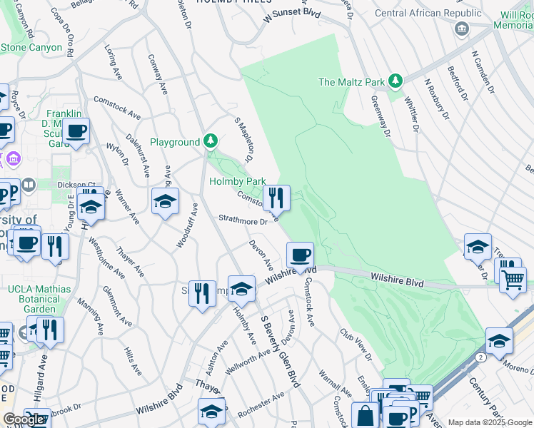map of restaurants, bars, coffee shops, grocery stores, and more near 10301 Strathmore Drive in Los Angeles