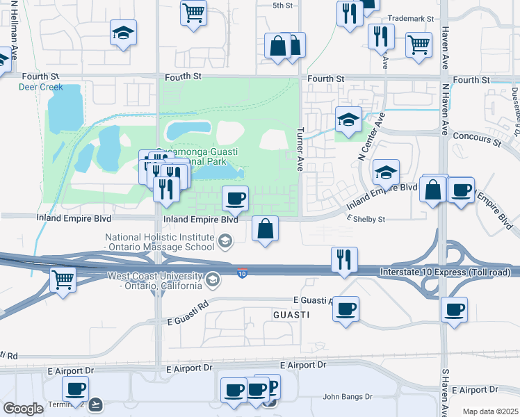 map of restaurants, bars, coffee shops, grocery stores, and more near 3053 East Via Fiano in Ontario