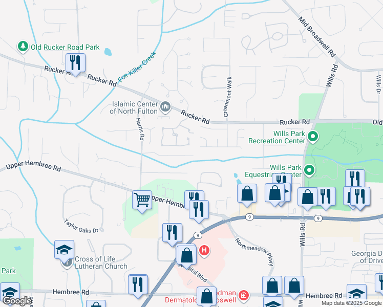 map of restaurants, bars, coffee shops, grocery stores, and more near 1284 Harris Commons Place in Roswell