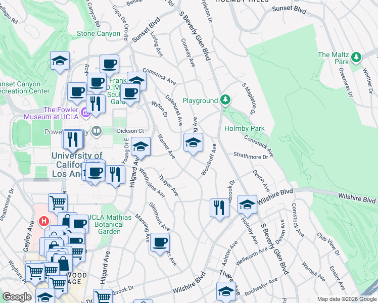 map of restaurants, bars, coffee shops, grocery stores, and more near 541 Loring Avenue in Los Angeles