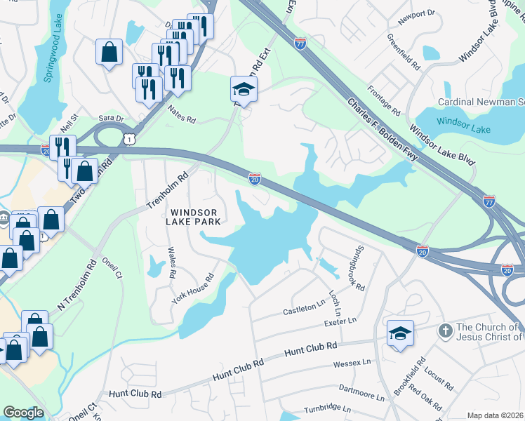 map of restaurants, bars, coffee shops, grocery stores, and more near 21 Windsor Cove in Columbia