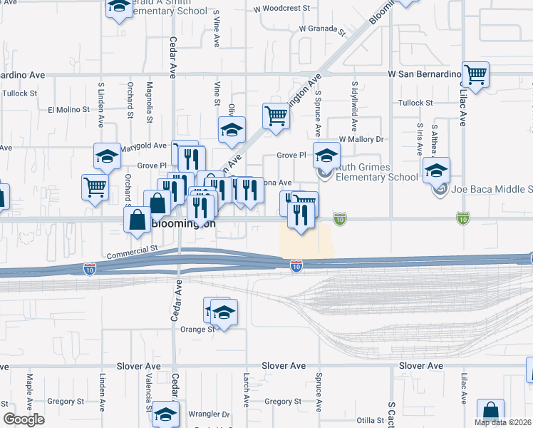 map of restaurants, bars, coffee shops, grocery stores, and more near 10063 Larch Avenue in Bloomington