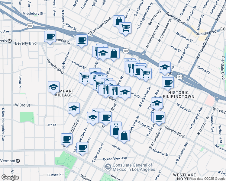 map of restaurants, bars, coffee shops, grocery stores, and more near 119 Benton Way in Los Angeles