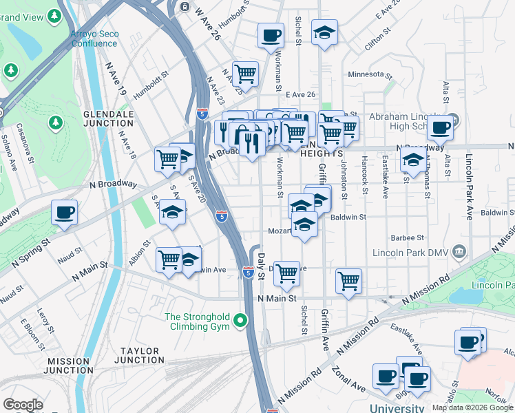 map of restaurants, bars, coffee shops, grocery stores, and more near Vallejo Street in Los Angeles