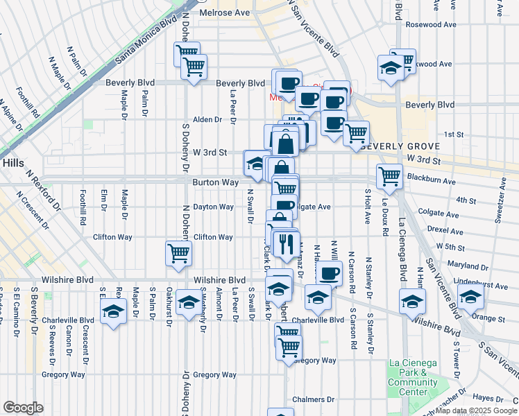 map of restaurants, bars, coffee shops, grocery stores, and more near 300 North Swall Drive in Beverly Hills
