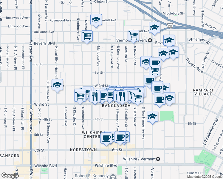 map of restaurants, bars, coffee shops, grocery stores, and more near 3750 West 2nd Street in Los Angeles