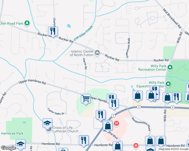 map of restaurants, bars, coffee shops, grocery stores, and more near 1202 Harris Commons Place in Roswell
