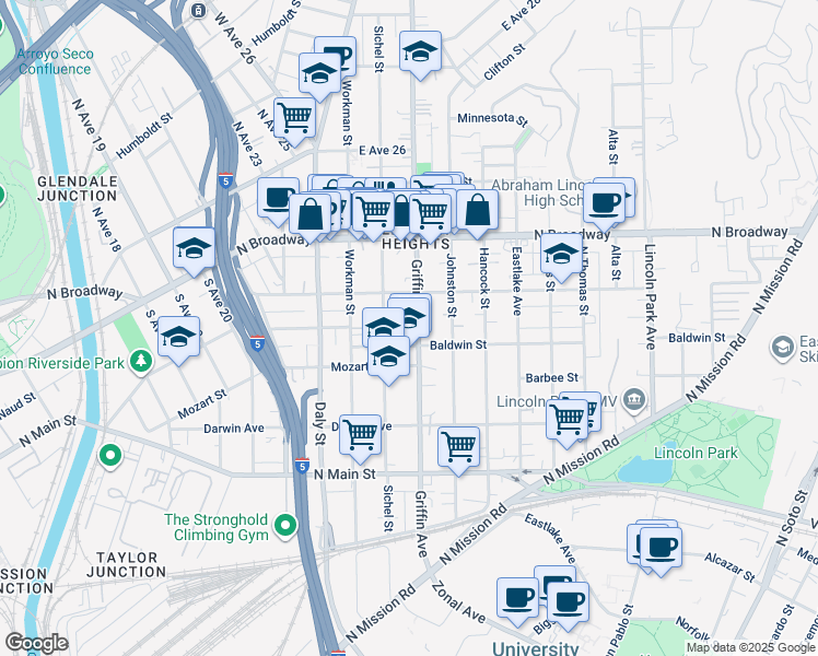 map of restaurants, bars, coffee shops, grocery stores, and more near 2219 Griffin Avenue in Los Angeles