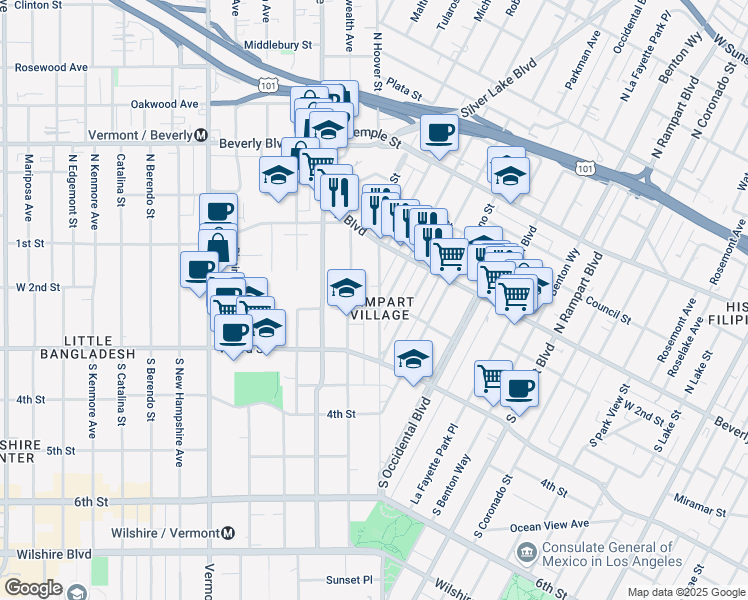 map of restaurants, bars, coffee shops, grocery stores, and more near 171 South Hoover Street in Los Angeles