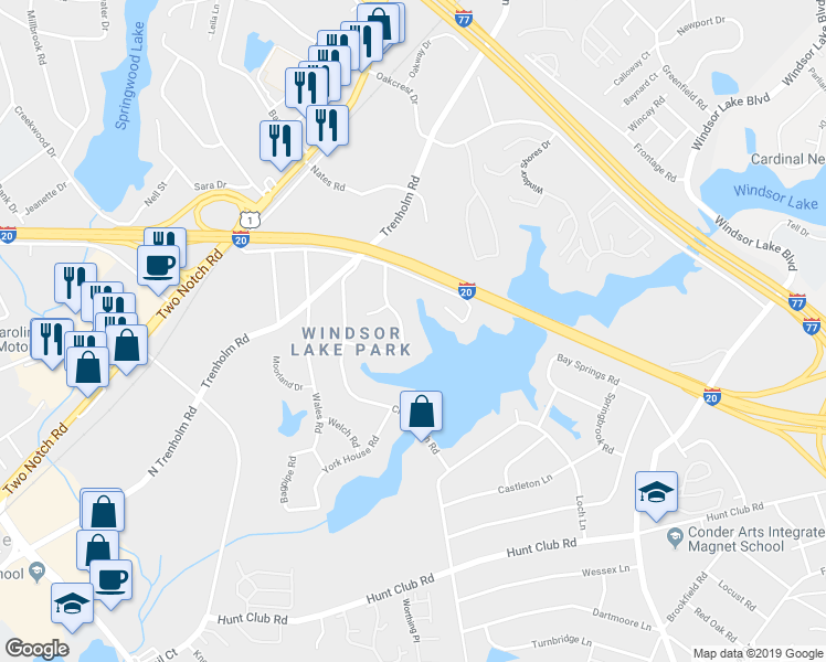 map of restaurants, bars, coffee shops, grocery stores, and more near 220 Windsor Point Road in Columbia