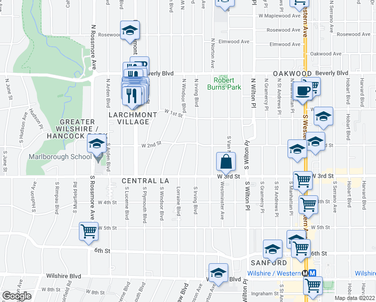 map of restaurants, bars, coffee shops, grocery stores, and more near 218 Lorraine Boulevard in Los Angeles