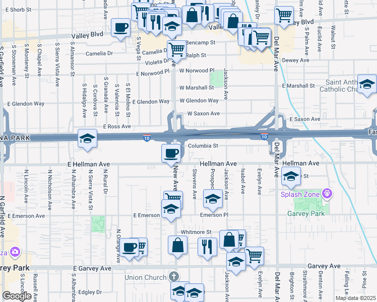 map of restaurants, bars, coffee shops, grocery stores, and more near 7434 Columbia Street in Rosemead