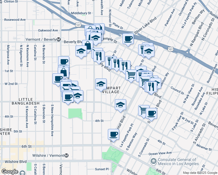 map of restaurants, bars, coffee shops, grocery stores, and more near 171 South Hoover Street in Los Angeles