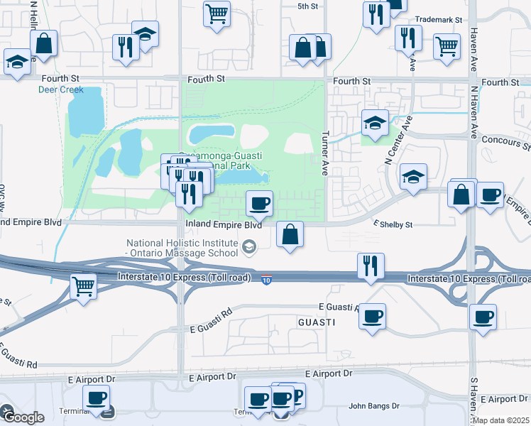 map of restaurants, bars, coffee shops, grocery stores, and more near 2944 East Via Fiano in Ontario