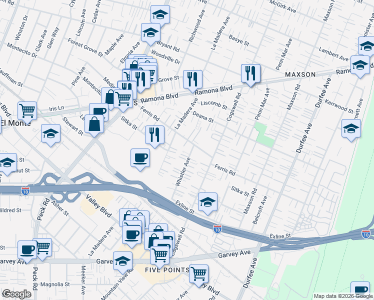 map of restaurants, bars, coffee shops, grocery stores, and more near 3559 Whistler Avenue in El Monte
