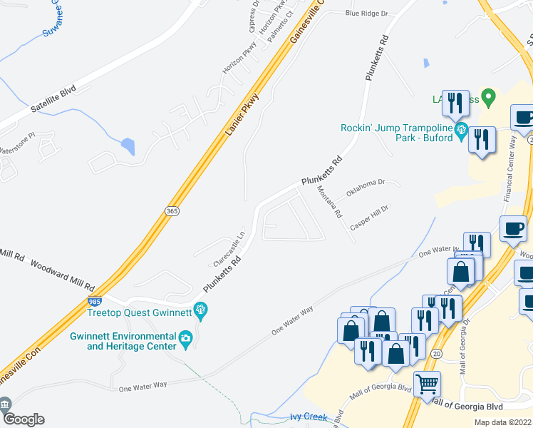 map of restaurants, bars, coffee shops, grocery stores, and more near 2799 Woodward Down Trail in Buford