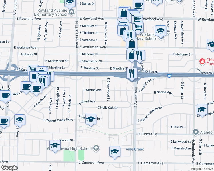 map of restaurants, bars, coffee shops, grocery stores, and more near 125 South Cherrywood Street in West Covina