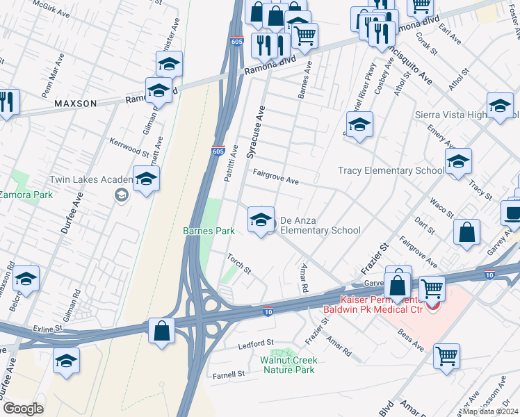 map of restaurants, bars, coffee shops, grocery stores, and more near 12741 Bess Avenue in Baldwin Park