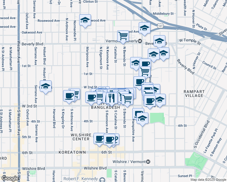 map of restaurants, bars, coffee shops, grocery stores, and more near 157 South Catalina Street in Los Angeles