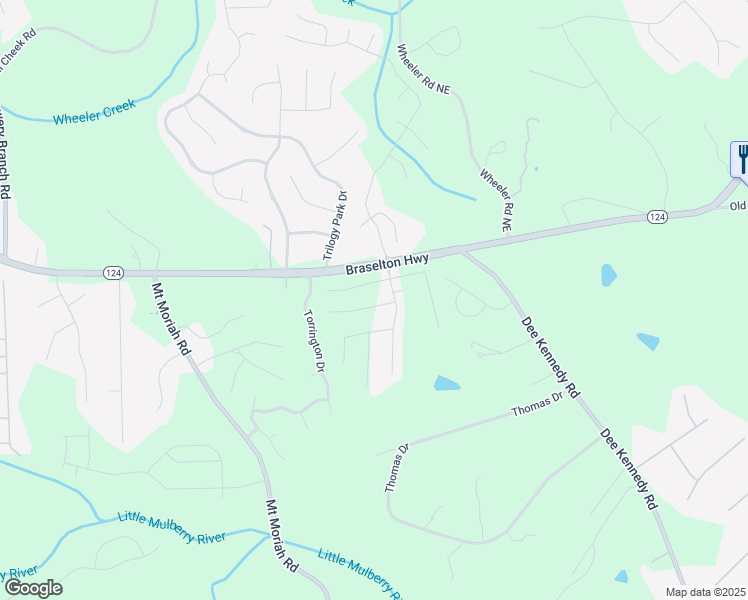 map of restaurants, bars, coffee shops, grocery stores, and more near 5101 Georgia 124 in Auburn