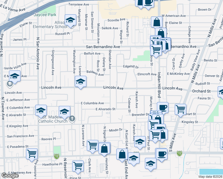 map of restaurants, bars, coffee shops, grocery stores, and more near 1212 Lincoln Avenue in Pomona