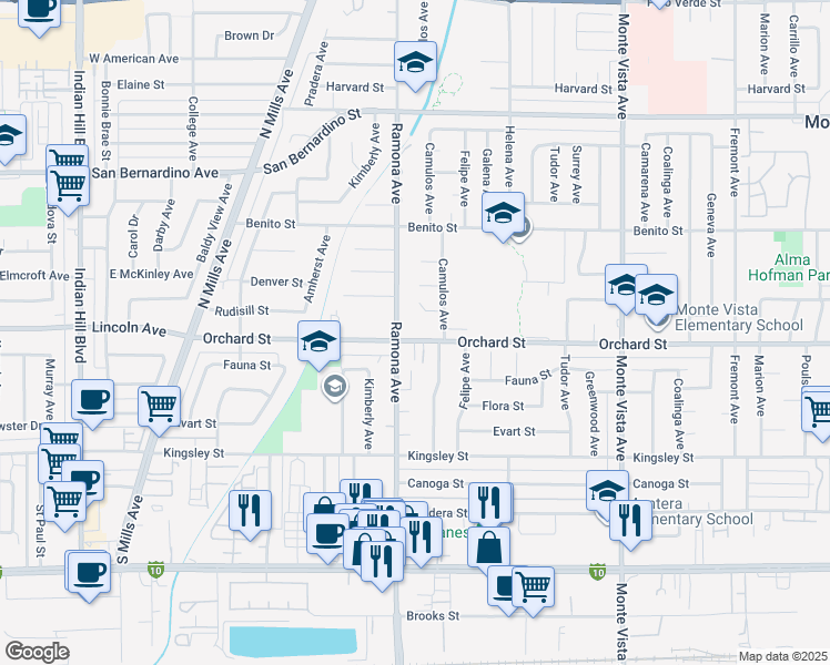 map of restaurants, bars, coffee shops, grocery stores, and more near 4530 Orchard Street in Montclair