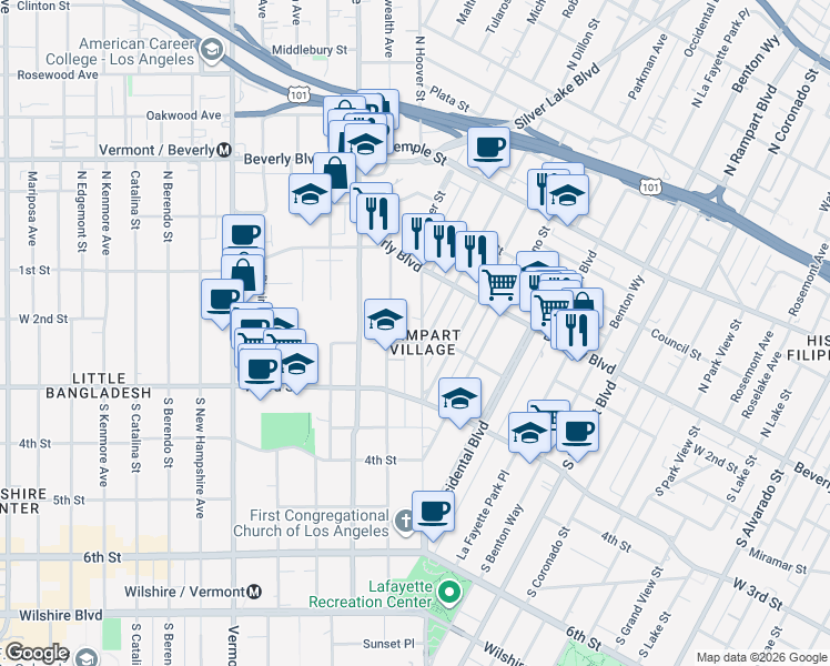 map of restaurants, bars, coffee shops, grocery stores, and more near in Los Angeles