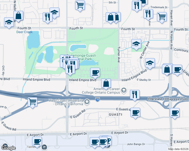 map of restaurants, bars, coffee shops, grocery stores, and more near 2932 East Via Fiano in Ontario