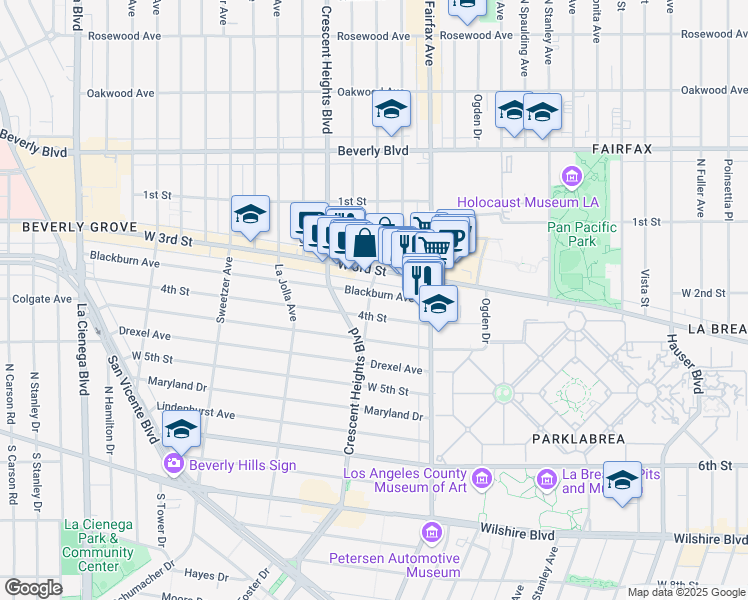 map of restaurants, bars, coffee shops, grocery stores, and more near 7972 Blackburn Avenue in Los Angeles