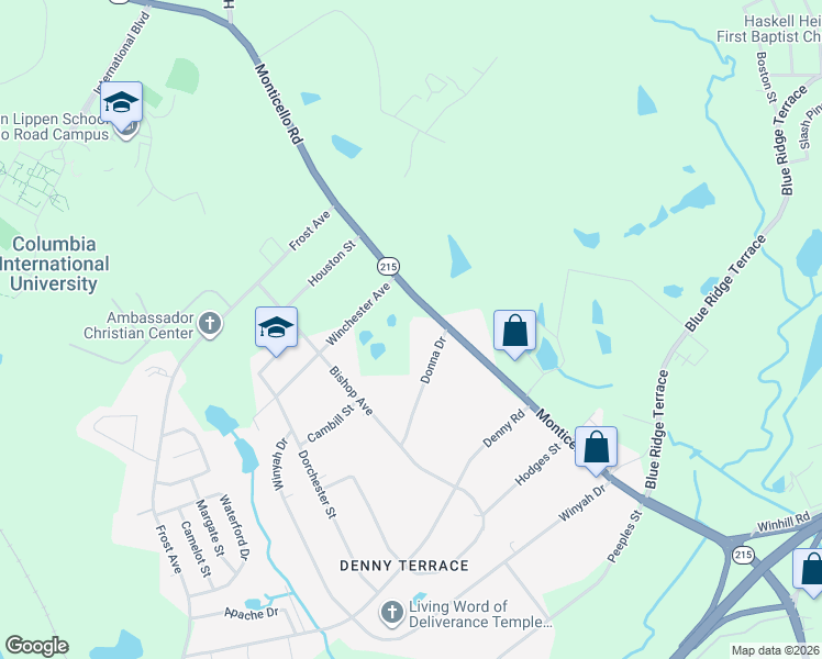 map of restaurants, bars, coffee shops, grocery stores, and more near 6611 Monticello Road in Columbia