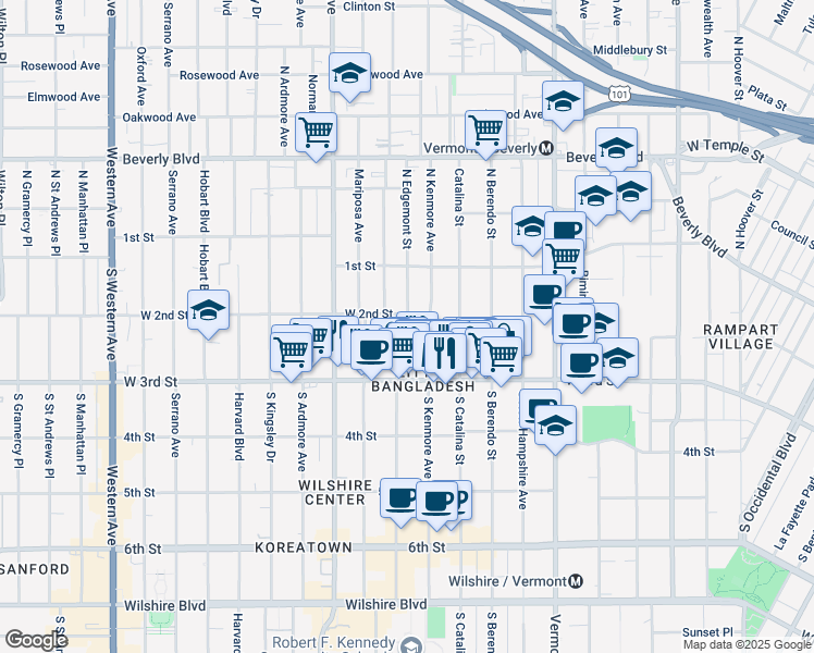 map of restaurants, bars, coffee shops, grocery stores, and more near 214 South Alexandria Avenue in Los Angeles
