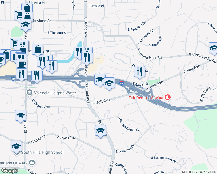 map of restaurants, bars, coffee shops, grocery stores, and more near 3528 East Temple Way in West Covina