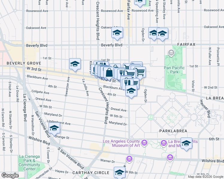map of restaurants, bars, coffee shops, grocery stores, and more near 7970 Blackburn Avenue in Los Angeles