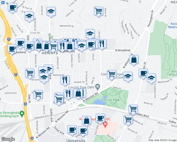 map of restaurants, bars, coffee shops, grocery stores, and more near 2214 North Thomas Street in Los Angeles