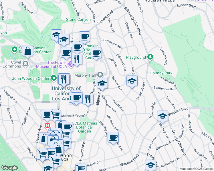 map of restaurants, bars, coffee shops, grocery stores, and more near 550 Hilgard Avenue in Los Angeles