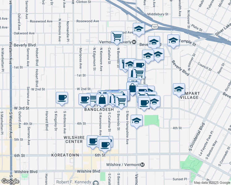 map of restaurants, bars, coffee shops, grocery stores, and more near 167 South Berendo Street in Los Angeles