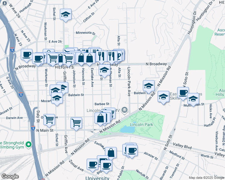 map of restaurants, bars, coffee shops, grocery stores, and more near 2214 North Thomas Street in Los Angeles