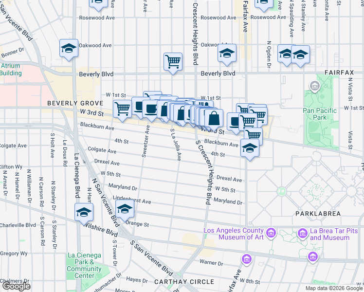 map of restaurants, bars, coffee shops, grocery stores, and more near 8120 Blackburn Avenue in Los Angeles