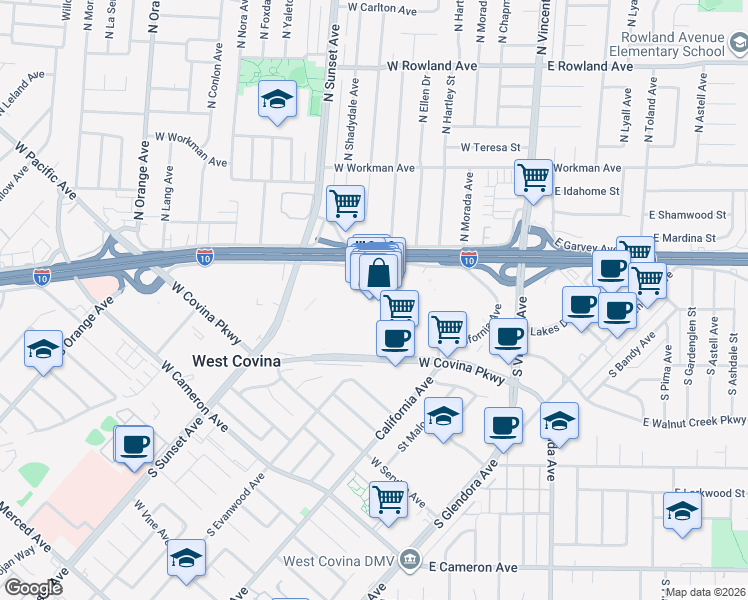 map of restaurants, bars, coffee shops, grocery stores, and more near 448 Plaza Drive in West Covina