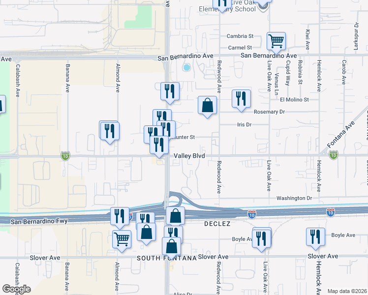 map of restaurants, bars, coffee shops, grocery stores, and more near 14576 Valley Boulevard in Fontana