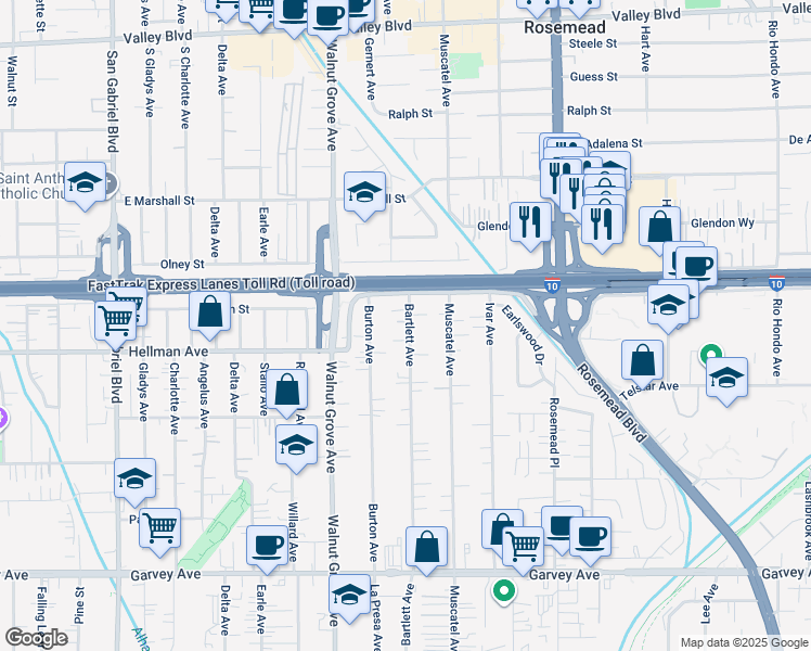 map of restaurants, bars, coffee shops, grocery stores, and more near 3433 Bartlett Avenue in Rosemead