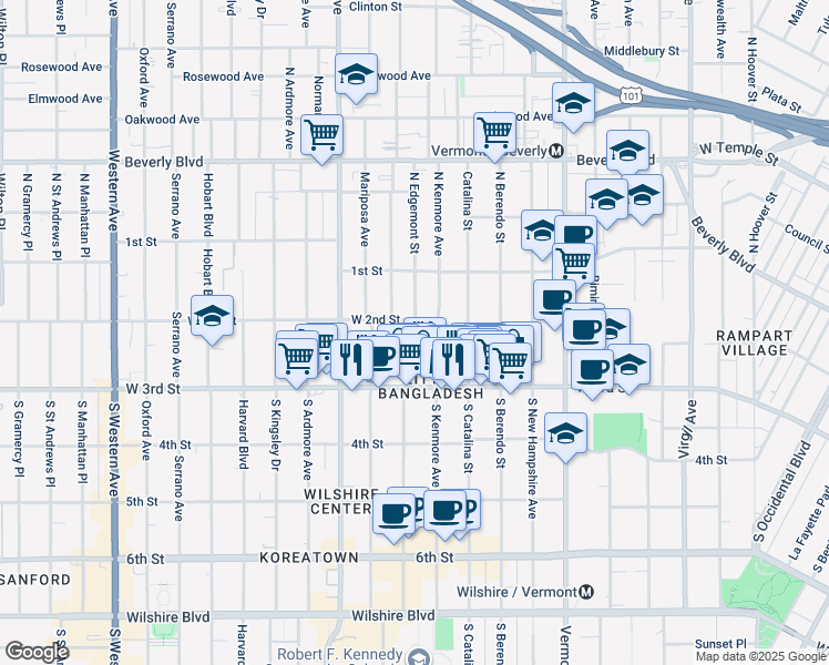 map of restaurants, bars, coffee shops, grocery stores, and more near 214 South Alexandria Avenue in Los Angeles