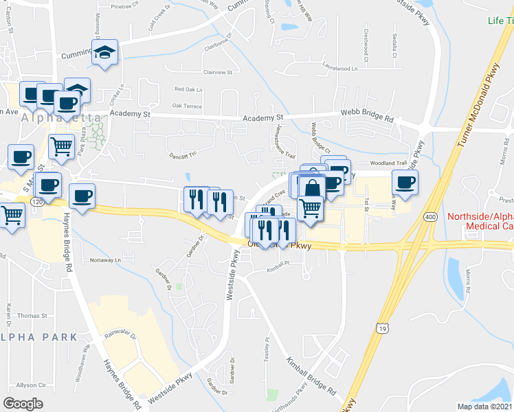 map of restaurants, bars, coffee shops, grocery stores, and more near 140 Grand Crescent in Alpharetta