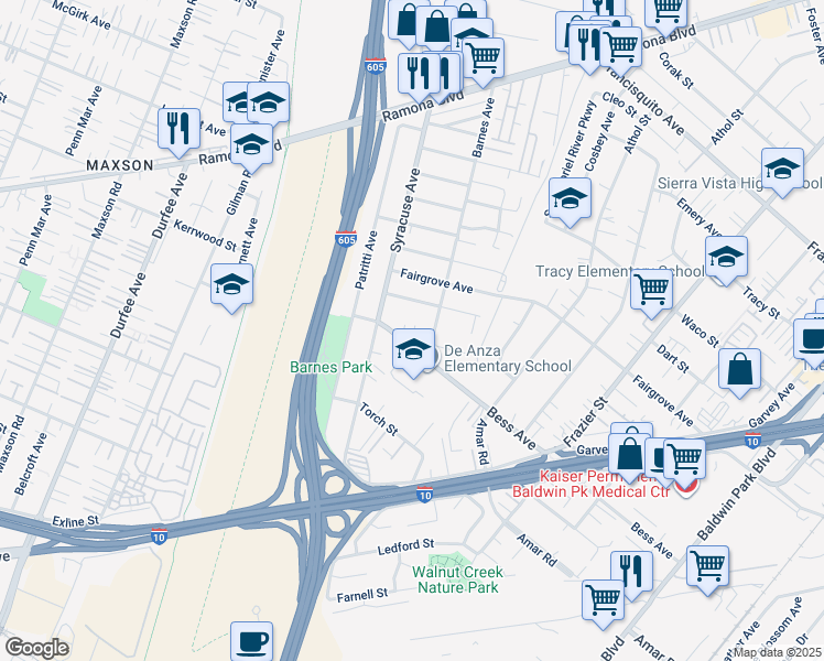 map of restaurants, bars, coffee shops, grocery stores, and more near 12741 Bess Avenue in Baldwin Park